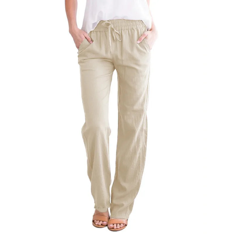 Damen Sommerhose mit weitem Bein – Baumwoll-Leinen Hose mit Kordelzug