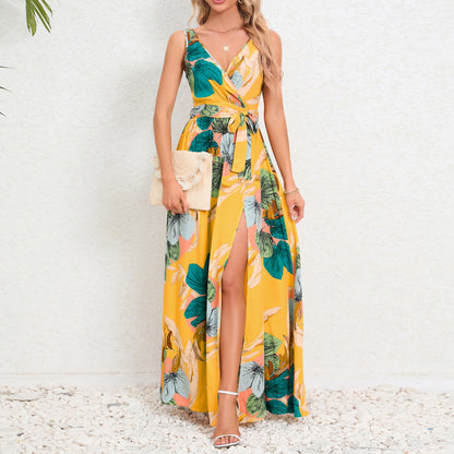 Damen Sommerkleid mit Blumenmuster – V-Ausschnitt, Bindegürtel & Schlitz