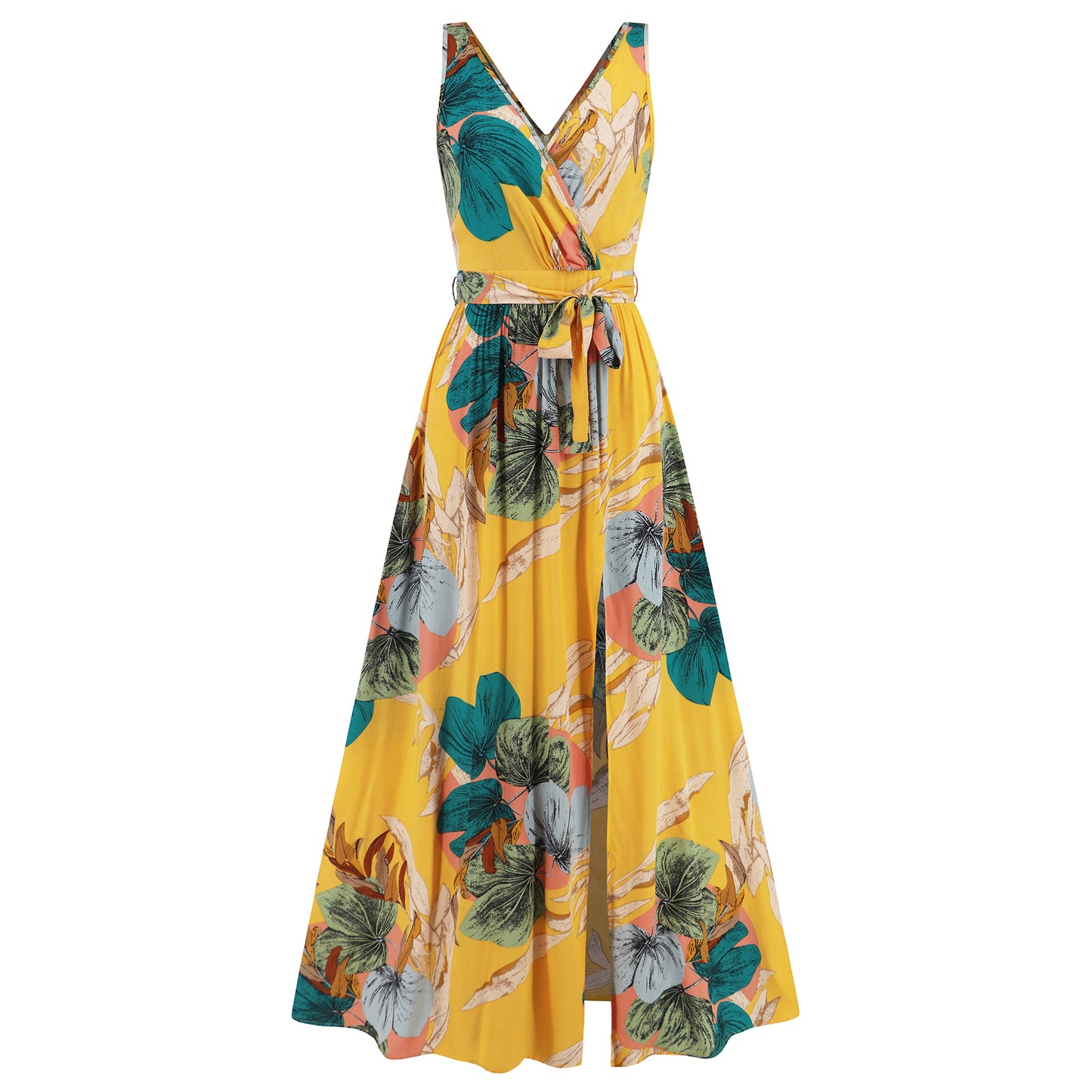 Damen Sommerkleid mit Blumenmuster – V-Ausschnitt, Bindegürtel & Schlitz
