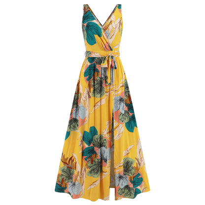 Damen Sommerkleid mit Blumenmuster – V-Ausschnitt, Bindegürtel & Schlitz