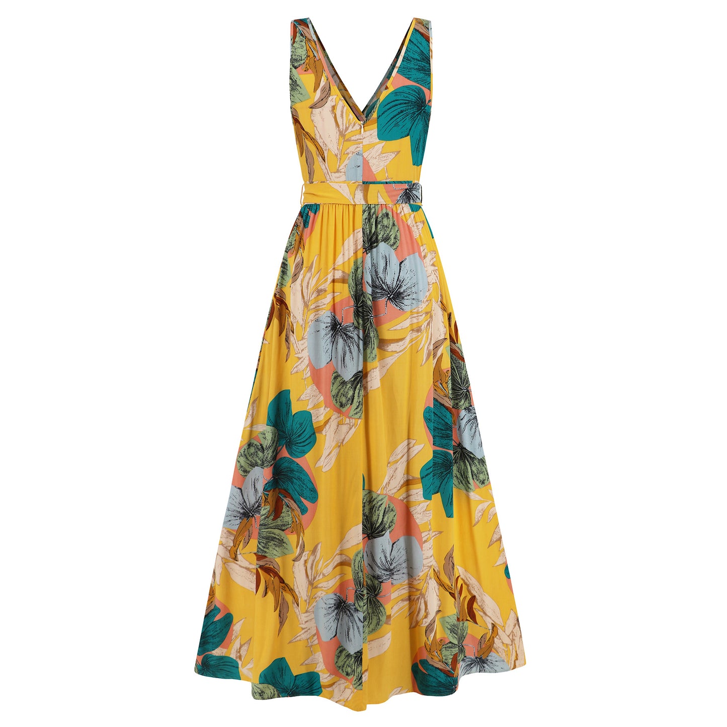 Damen Sommerkleid mit Blumenmuster – V-Ausschnitt, Bindegürtel & Schlitz