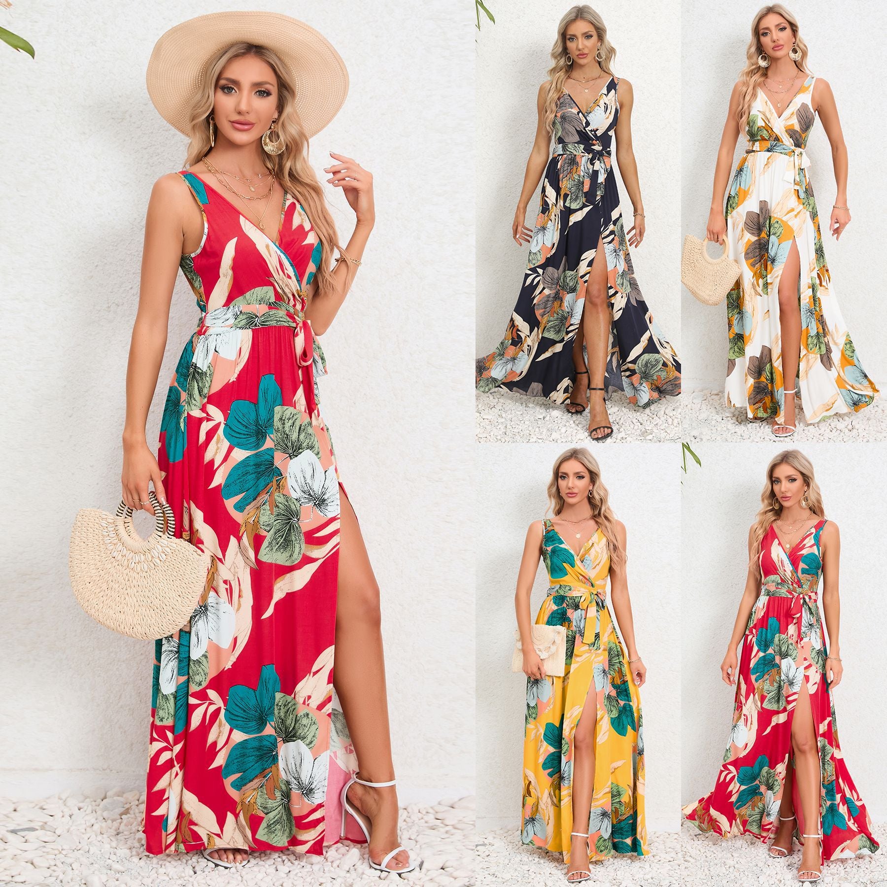 Damen Sommerkleid mit Blumenmuster – V-Ausschnitt, Bindegürtel & Schlitz