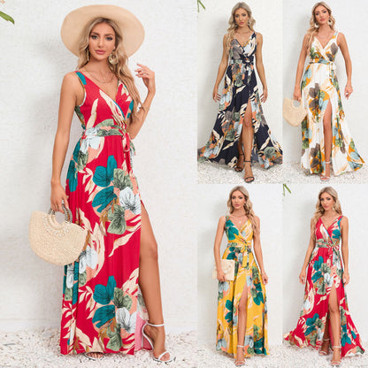 Damen Sommerkleid mit Blumenmuster – V-Ausschnitt, Bindegürtel & Schlitz