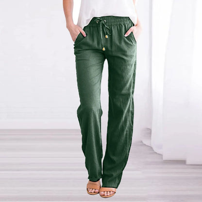 Damen Sommerhose mit weitem Bein – Baumwoll-Leinen Hose mit Kordelzug