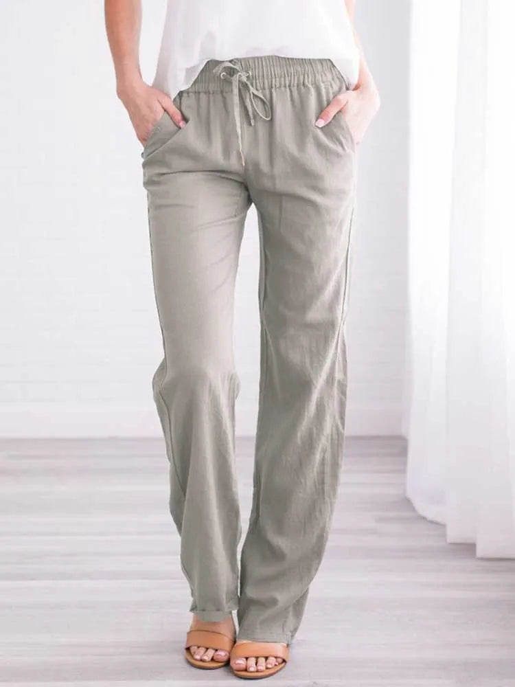 Damen Sommerhose mit weitem Bein – Baumwoll-Leinen Hose mit Kordelzug