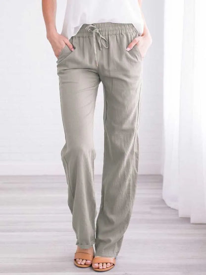 Damen Sommerhose mit weitem Bein – Baumwoll-Leinen Hose mit Kordelzug