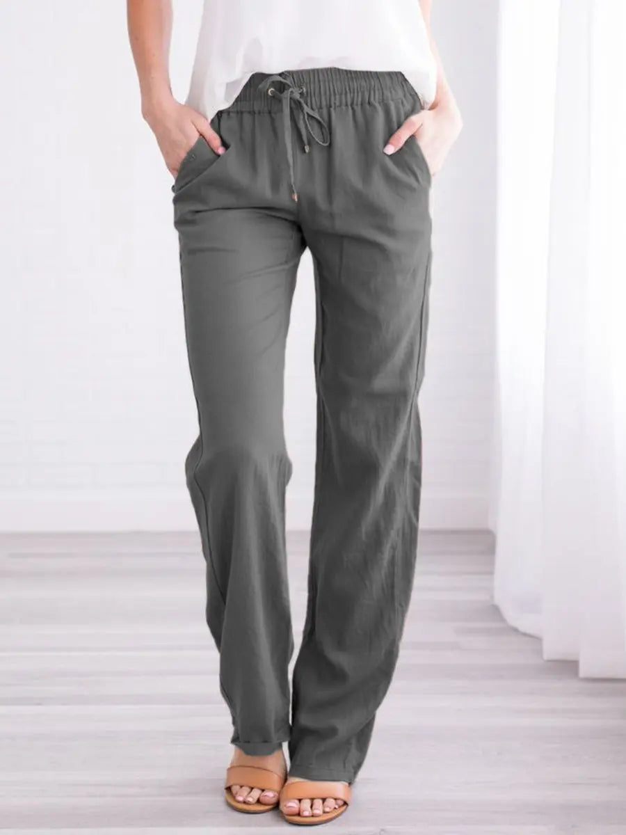 Damen Sommerhose mit weitem Bein – Baumwoll-Leinen Hose mit Kordelzug