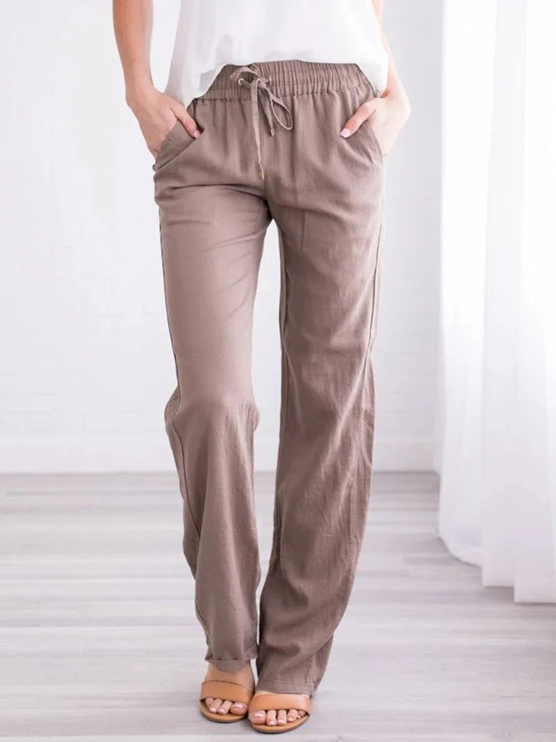 Damen Sommerhose mit weitem Bein – Baumwoll-Leinen Hose mit Kordelzug