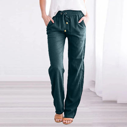 Damen Sommerhose mit weitem Bein – Baumwoll-Leinen Hose mit Kordelzug