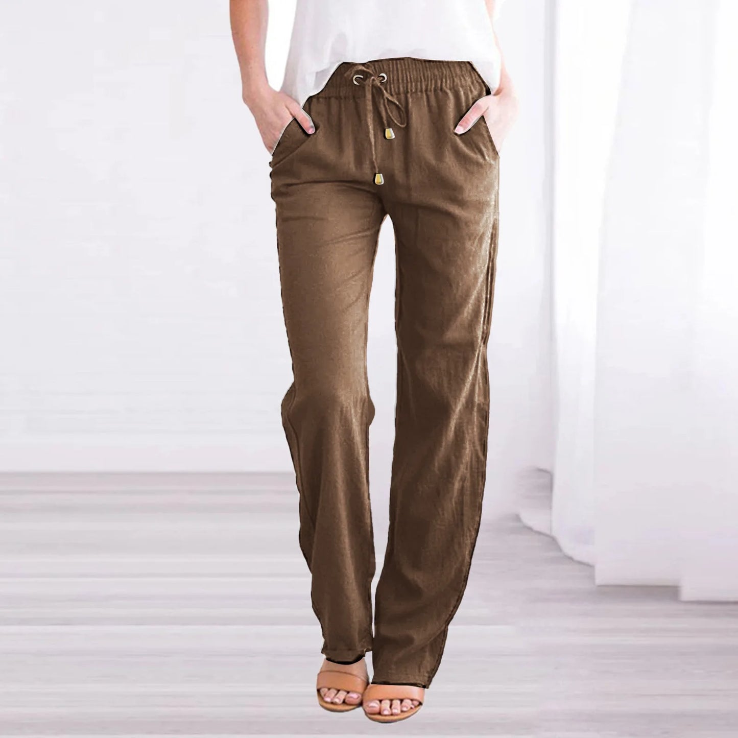 Damen Sommerhose mit weitem Bein – Baumwoll-Leinen Hose mit Kordelzug