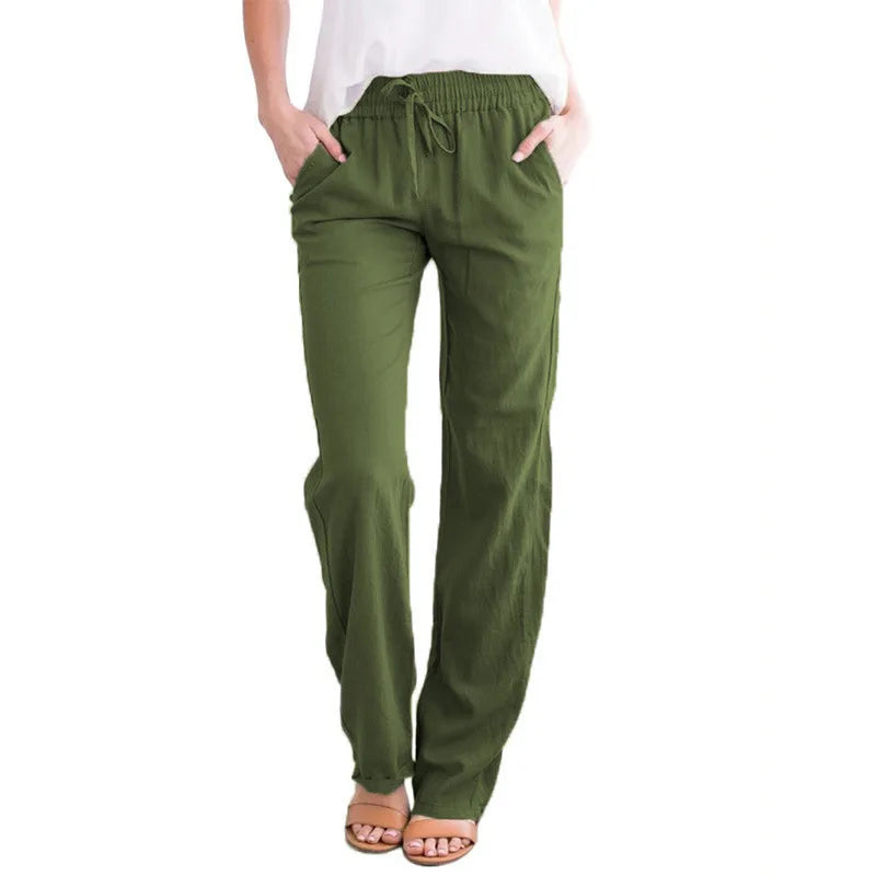 Damen Sommerhose mit weitem Bein – Baumwoll-Leinen Hose mit Kordelzug