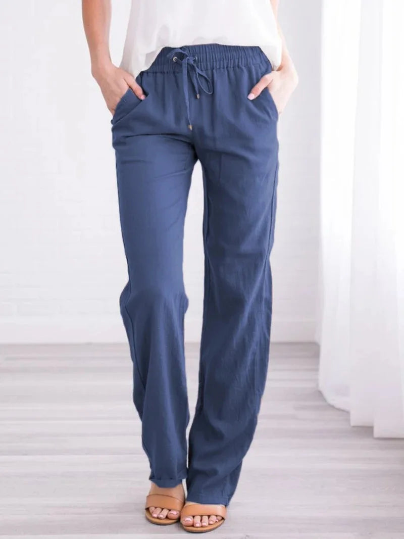 Damen Sommerhose mit weitem Bein – Baumwoll-Leinen Hose mit Kordelzug