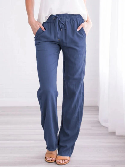 Damen Sommerhose mit weitem Bein – Baumwoll-Leinen Hose mit Kordelzug