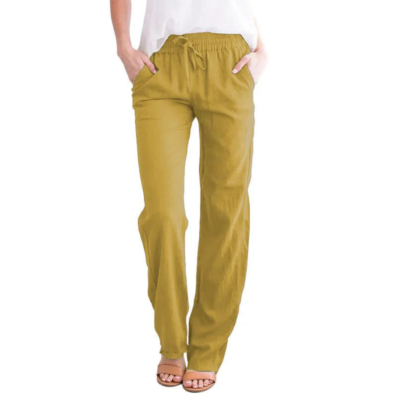 Damen Sommerhose mit weitem Bein – Baumwoll-Leinen Hose mit Kordelzug