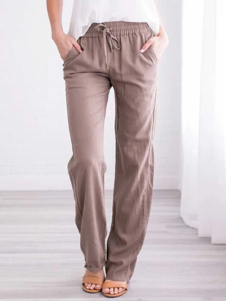 Damen Sommerhose mit weitem Bein – Baumwoll-Leinen Hose mit Kordelzug