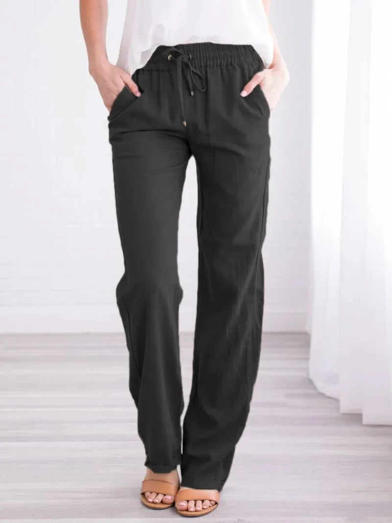 Damen Sommerhose mit weitem Bein – Baumwoll-Leinen Hose mit Kordelzug