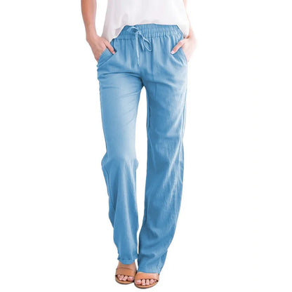 Damen Sommerhose mit weitem Bein – Baumwoll-Leinen Hose mit Kordelzug