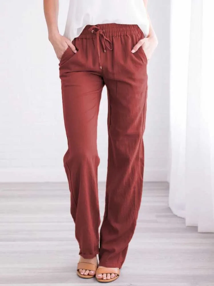 Damen Sommerhose mit weitem Bein – Baumwoll-Leinen Hose mit Kordelzug