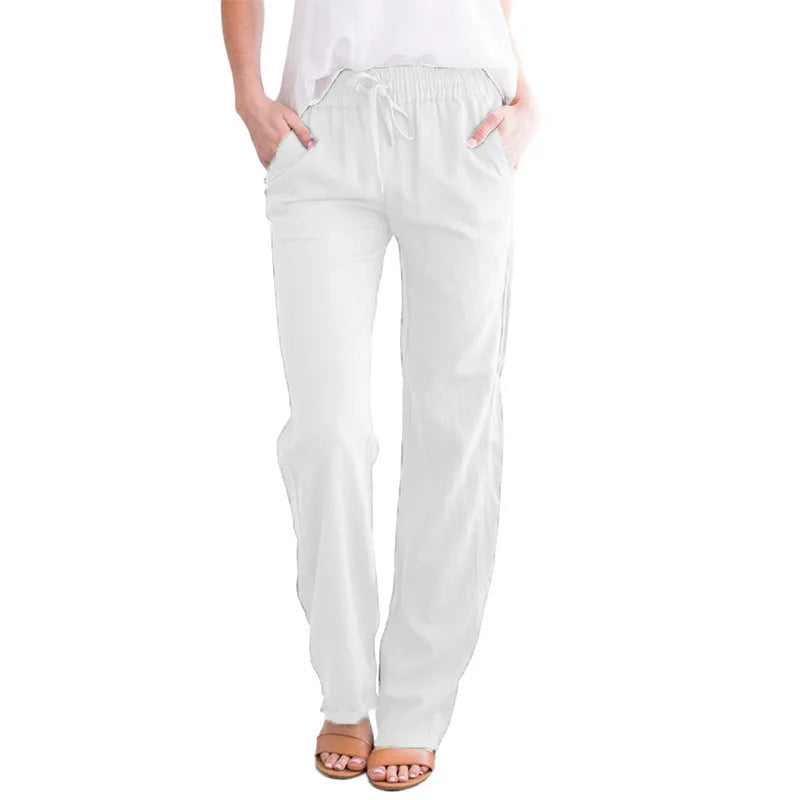 Damen Sommerhose mit weitem Bein – Baumwoll-Leinen Hose mit Kordelzug