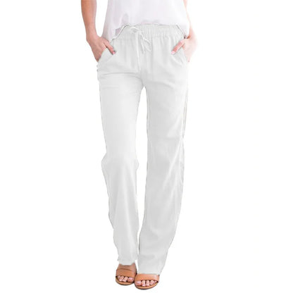 Damen Sommerhose mit weitem Bein – Baumwoll-Leinen Hose mit Kordelzug