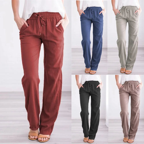 Damen Sommerhose mit weitem Bein – Baumwoll-Leinen Hose mit Kordelzug