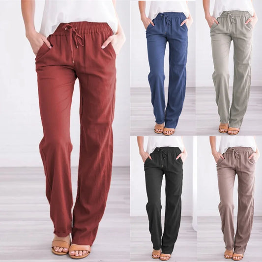 Damen Sommerhose mit weitem Bein – Baumwoll-Leinen Hose mit Kordelzug