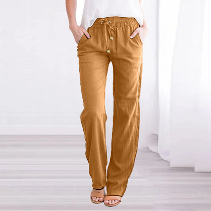Damen Sommerhose mit weitem Bein – Baumwoll-Leinen Hose mit Kordelzug