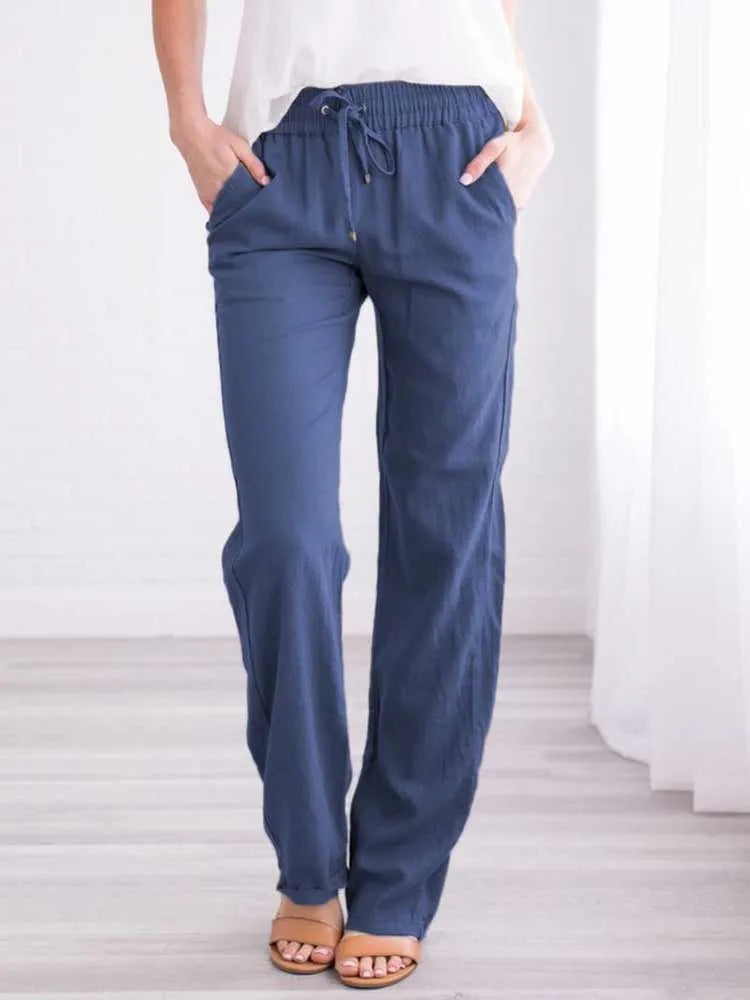 Damen Sommerhose mit weitem Bein – Baumwoll-Leinen Hose mit Kordelzug
