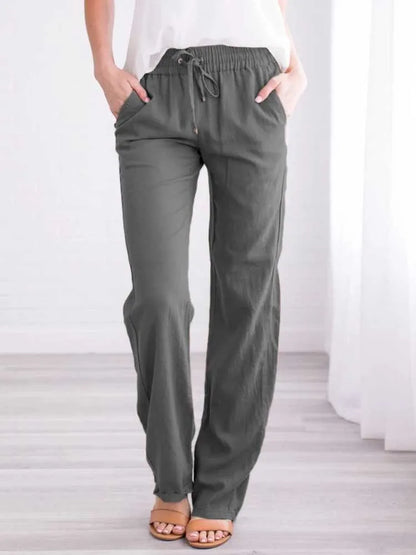 Damen Sommerhose mit weitem Bein – Baumwoll-Leinen Hose mit Kordelzug