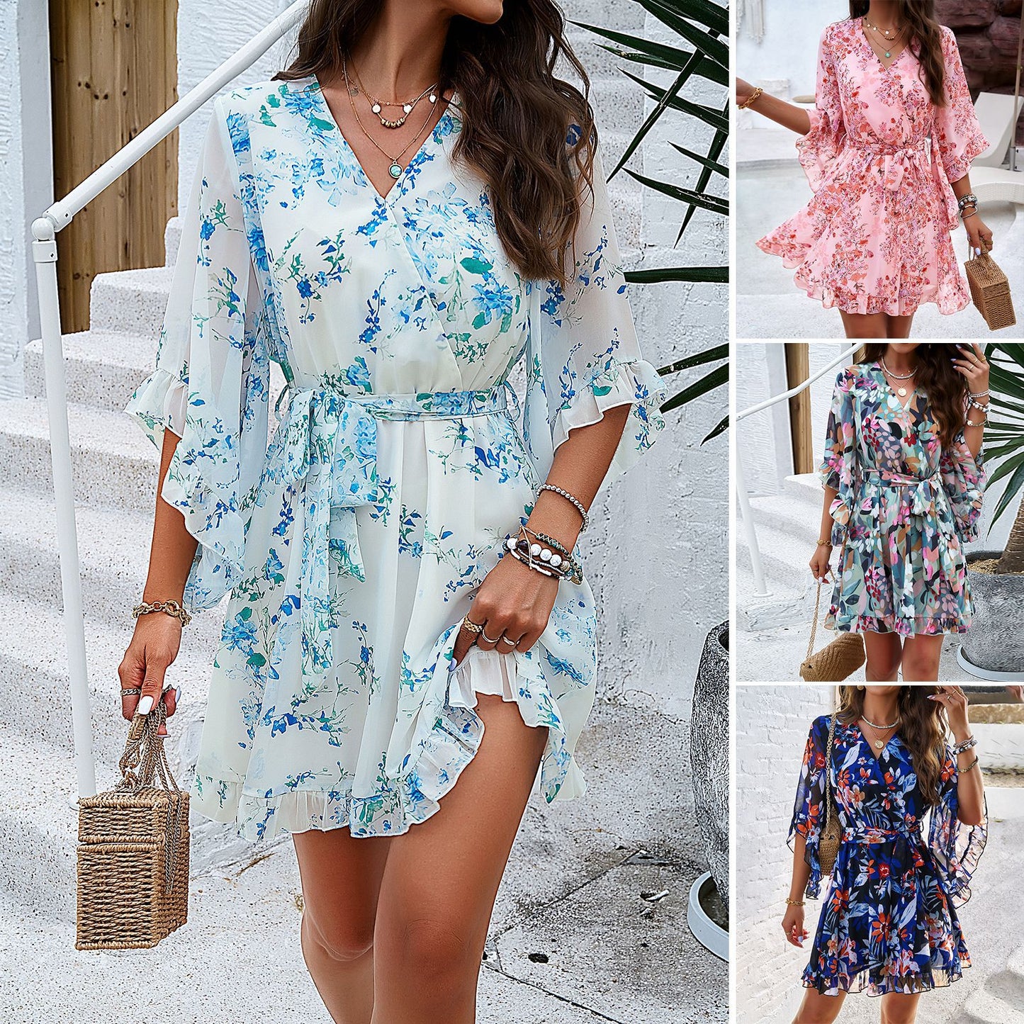 Damen Sommerkleid mit Blumenmuster – V-Ausschnitt, Rüschen & Kurzarm