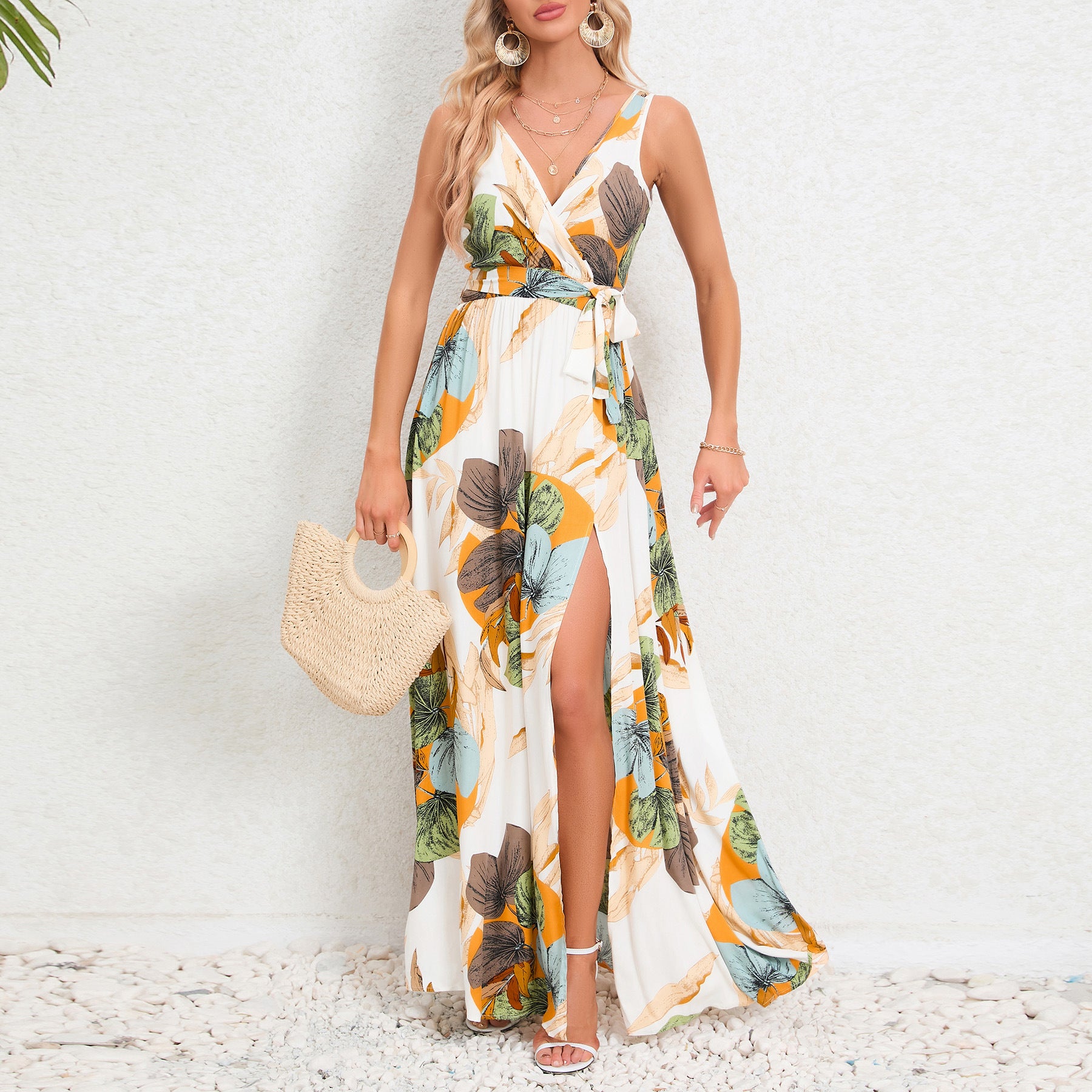 Damen Sommerkleid mit Blumenmuster – V-Ausschnitt, Bindegürtel & Schlitz