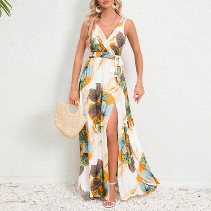 Damen Sommerkleid mit Blumenmuster – V-Ausschnitt, Bindegürtel & Schlitz